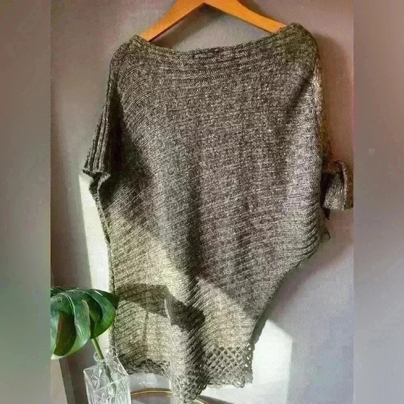 Hendi Asymmetrical Open Knit Hem Tunic Sweater Cold Shoulder Tie Size M/L Taupe - Picture 9 of 13